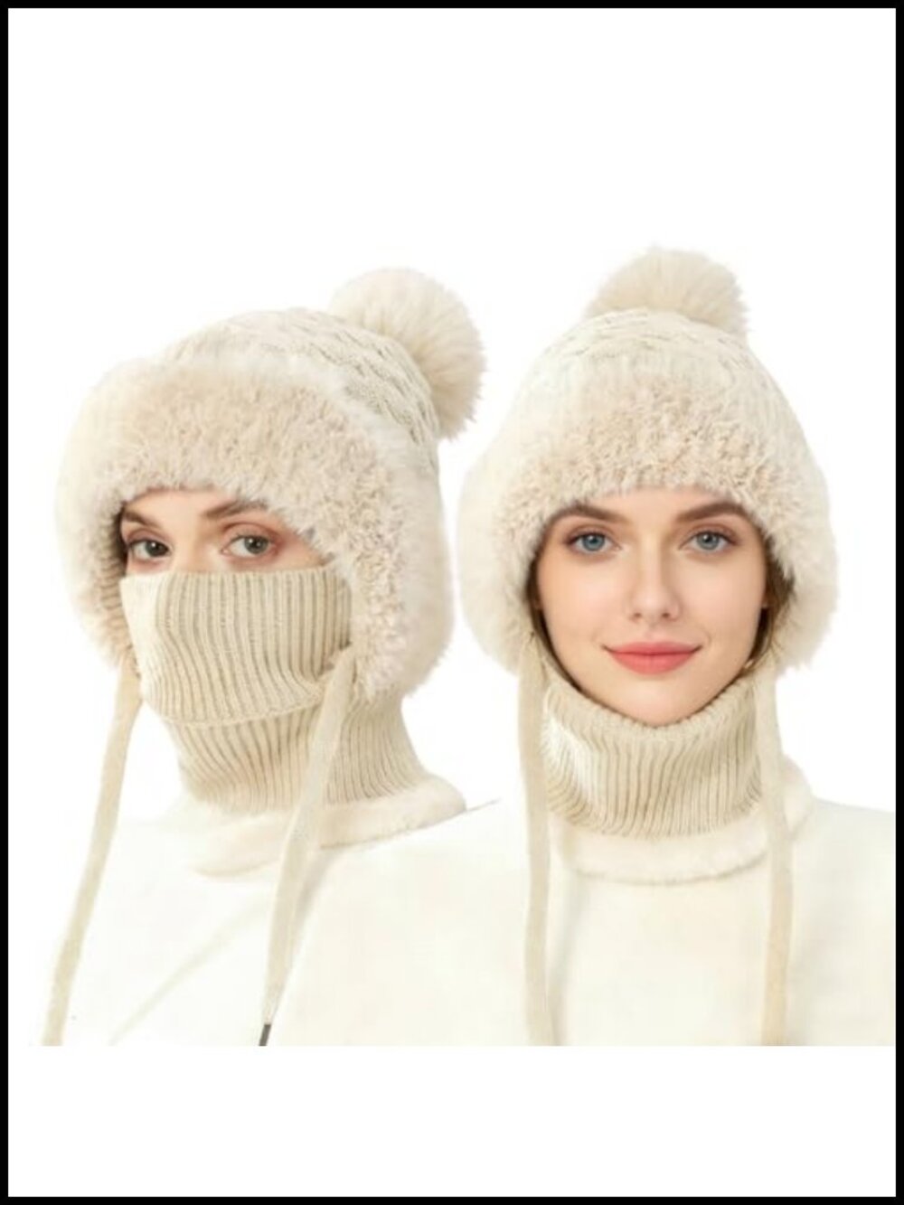 Plush Lined Knit Beanie Hat Scarf Mask Set Windproof Winter